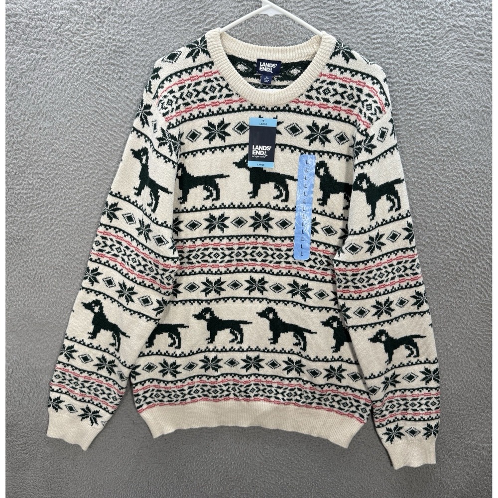 Lands End Sweater Adult Large Multicolor Fair Isle Knit Crewneck Geometric Dog